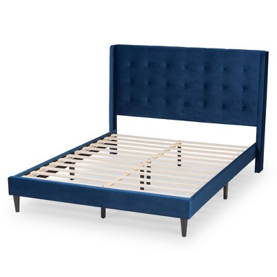 Queen Navy Velvet Upholstered Wood Platform Bed with Tufted Headboard