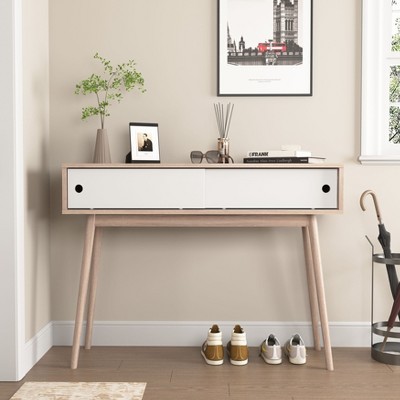 Kumasinova 39.4" Console Table with Storage,Sliding Door Entryway Table with Wood Legs,Sofa Table for Living Room&Hallway,Natural