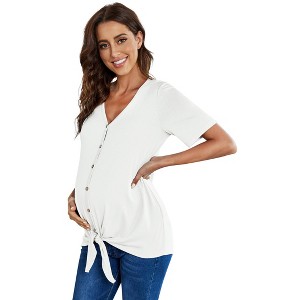 Women's Maternity Tops Shirts Short Sleeve V Neck T Shirts Casual Summer Button Nursing Tops Tie Knot Pregnancy Tunic Blouse - 1 of 4