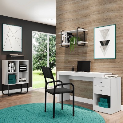 White Expandable Home Office Desk with Drawers and Filing Cabinet