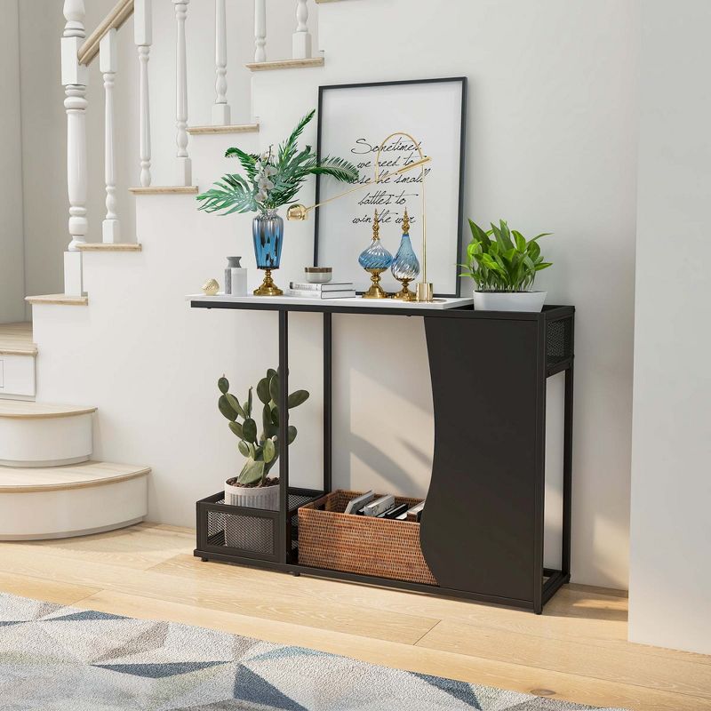 Costway 43.5'' Console Table with Faux Marble Top & 2 Storage Compartments Entryway Hallway, 5 of 10