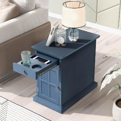 Vintage Multifunctional Nightstand with Twin Cup Holders Pull-Out Tray Drawer and USB Ports End Table Side Table for Living Room Bedroom, Blue