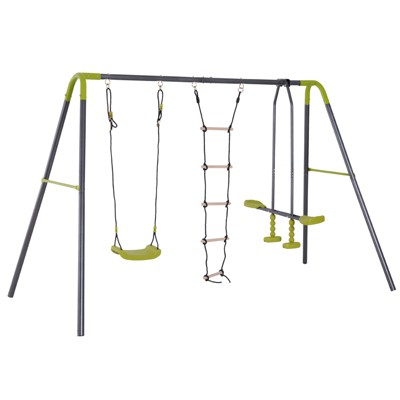 HOMCOM 3 in 1 Kid Swing Set, Double Face to Face Swing Chair & Glider Set, Climbing Ladder A-Frame, Grey and Yellow