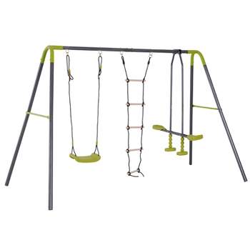 HOMCOM 3 in 1 Kid Swing Set for Backyard with Swing Seat, Glider and Climbing Ladder, Heavy Duty Metal Frame for 4 Children