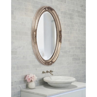 Antique Silver Oval Wood Wall Mirror with Beaded Frame
