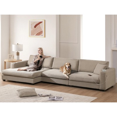 134"W Oversized Corduroy Sectional Sofa, L Shaped Sofa Couch with USB Charging Port, Cup Holder 4B -ModernLuxe