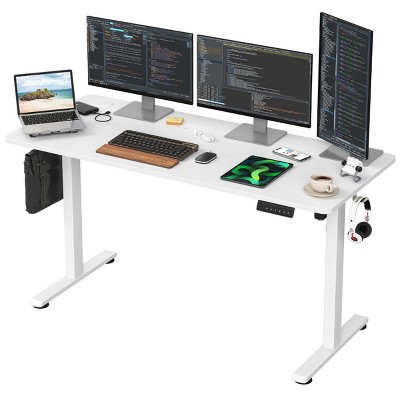 GlasFlength Desks Standing Desk Adjustable Height Sit Stand Desk with Splice Board Headphone Hooks for Home Office, White, 56.3"*24"*45"