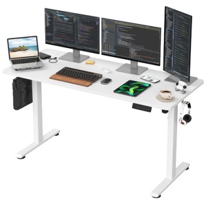 GlasFlength Desks Standing Desk Adjustable Height Sit Stand Desk with Splice Board Headphone Hooks for Home Office, White, 56.3"*24"*45" - 1 of 4