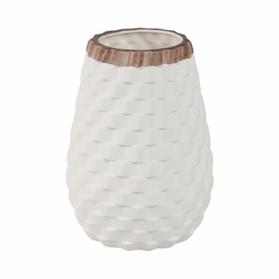 Sagebrook Home 9" Textured Ceramic Vase - White with Brown Accent - Beautiful Decorative Piece For Indoor or Outdoor Use - Contemporary Home or