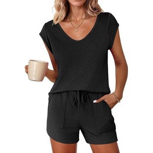 Ekouaer Womens Pajama Sets 2 Piece Lounge Sets Comfy Short Sleeve Tops and Shorts Cute Pjs Outfits Set - 1 of 4