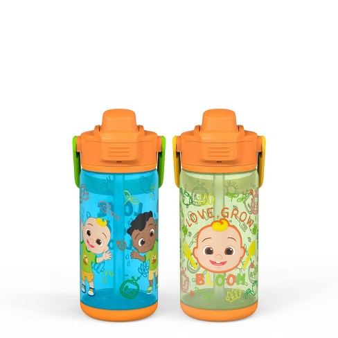 Zak Designs 2pc 17.5 oz Kids Water Bottle Plastic with Flip Straw Spout Cover and Carry Handle, Cocomelon