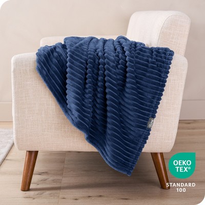 Dark Blue Ribbed Microplush Fleece Throw Blanket