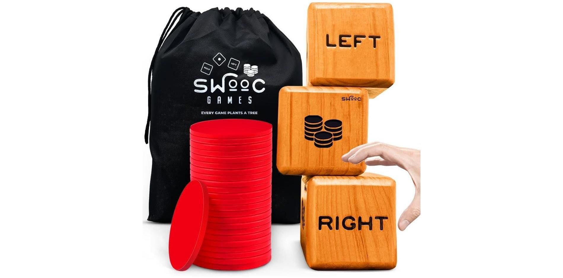 Swooc Games - Giant Right Center Left Dice Game (All Weather) w/ 24 Large Chips & Carry Bag - Jumbo Wooden Lawn Game - Big Backyard Games for Family