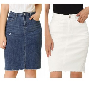 INSPIRE CHIC Women's Basic Distressed High Waist Ripped Hem Washed Jeans Skirt 2 Packs - 1 of 4