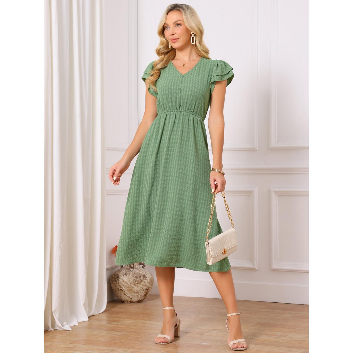 Женские платья INSPIRE CHIC Women's Summer Dresses 2026 Ruffle Short Sleeve V Neck Button Flowy A-Line Midi Dress Small Green — фото 3