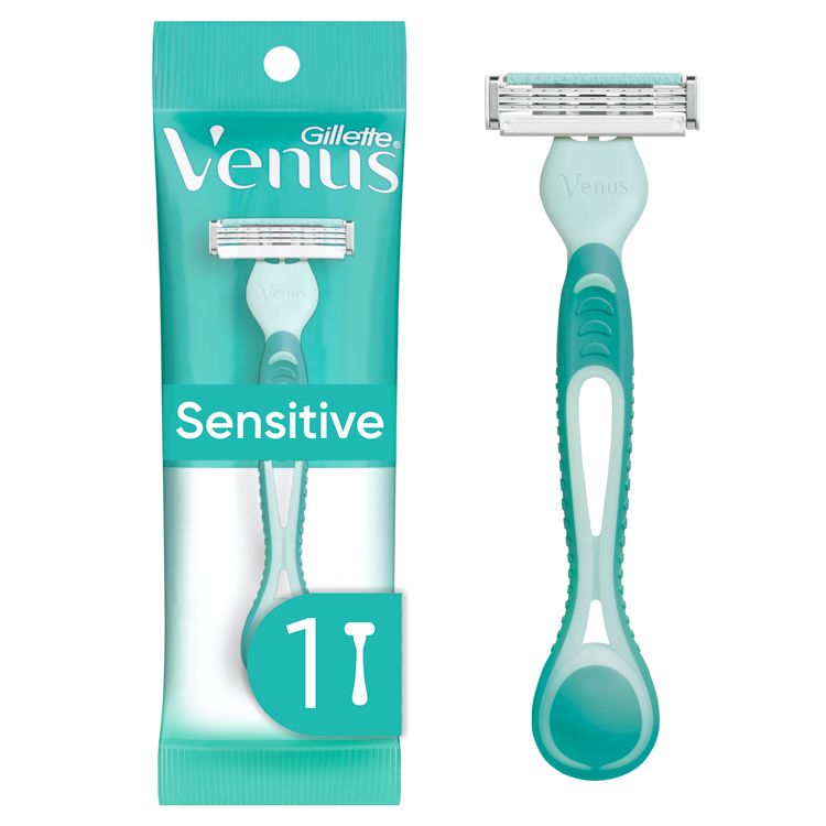 Gillette Venus Sensitive labeled teal colored razor and its packaging, showing a three-blade cartridge, teal colored handle, and a package icon reading '1'.