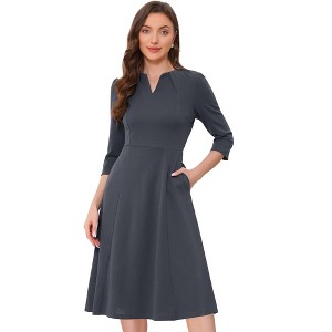 INSPIRE CHIC Women's Elegant Split Neck Side Zipper Pockets 3/4 Sleeve Work A-Line Dress - 1 of 4