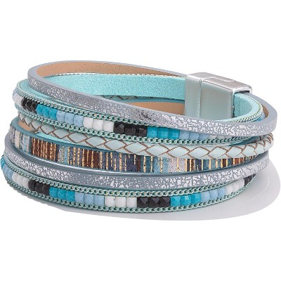 Trendy Layered Boho Leather Wrap Bracelets with Magnetic Clasp, Stackable Bohemian Jewelry Gifts for Women