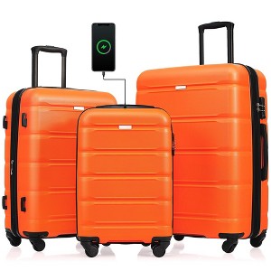 3 Pieces Spinner Wheels Luggage Set, 20-inch With USB Port, Expandable 24" And 28", 360-degree Rotating Wheels Suitcase, Orange - 1 of 4