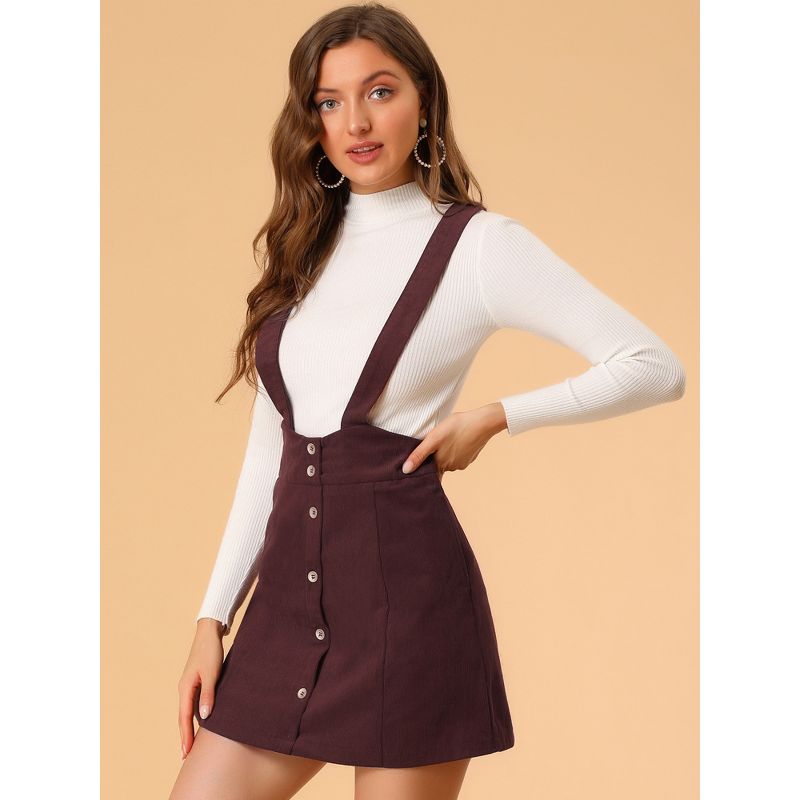 Allegra K Women's Corduroy A-line Decor Button Front Mini Suspender Skirt, 4 of 6