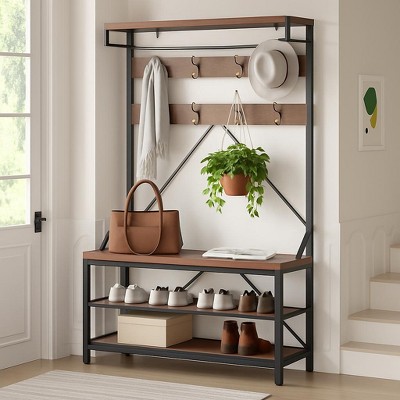 Coat Rack Shoe Bench, Entryway Bench with Coat Rack freestanding, 4-in-1 Entryway Bench with Coat Rack with 8 Hooks and 3-Tier Storage Shelf