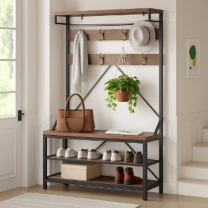Coat Rack Shoe Bench, Entryway Bench with Coat Rack freestanding, 4-in-1 Entryway Bench with Coat Rack with 8 Hooks and 3-Tier Storage Shelf - 1 of 4