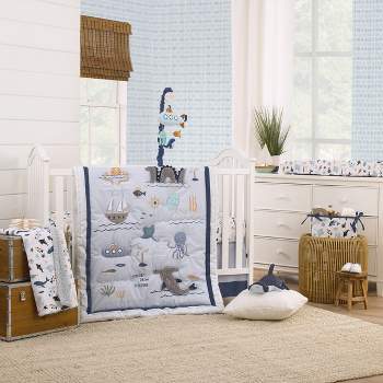 NoJo Explore Dream Discover Light Blue, Navy, Gray and Coral Ocean 4 Piece Nursery Crib Bedding Set