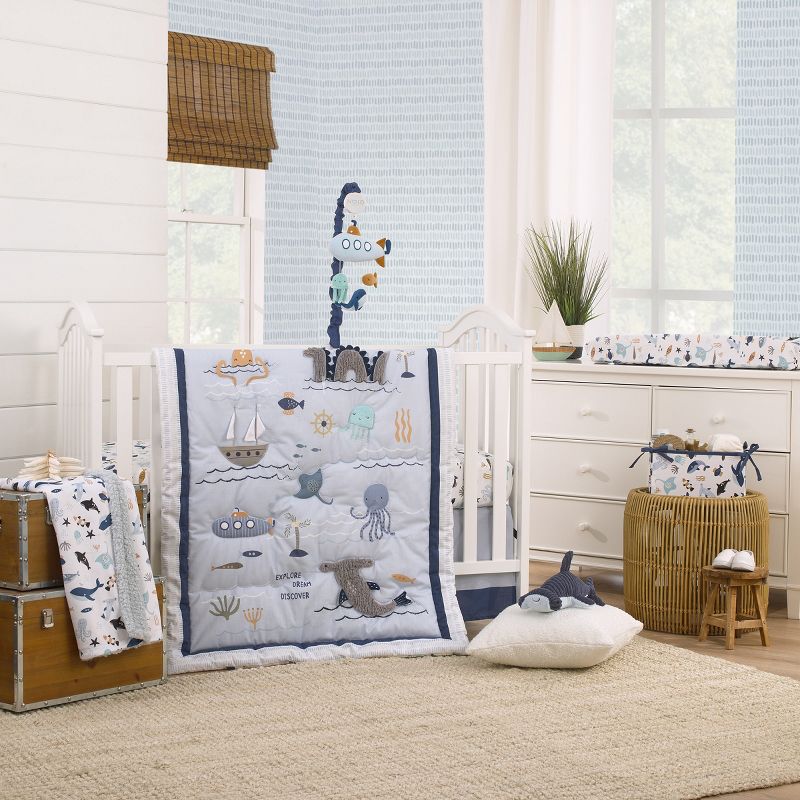 NoJo Explore Dream Discover Light Blue, Navy, Gray and Coral Ocean 4 Piece Nursery Crib Bedding Set, 1 of 11