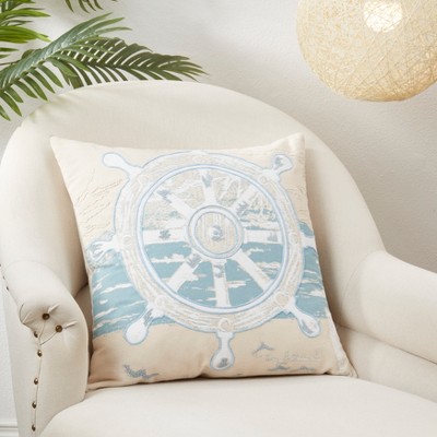 Helm of the Waves Blue Cotton Nautical Throw Pillow, 20"x20"