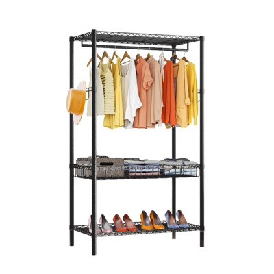 Bedroom Clothes Rack,Freestanding Garment Rack with Shelves,Rod,Side Hooks Adjustable Metal Clothing Racks
