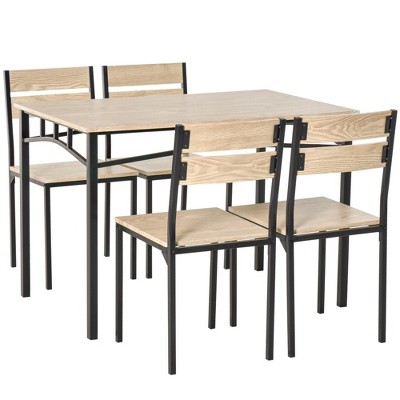 HOMCOM Rustic Industrial 5-Piece Dining Table Set Black Metal with 4 Chairs for Kitchen or Dining Room Oak