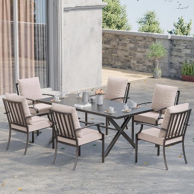 ALAULM Patio Dining Set Outdoor Furniture, Metal Furniture Set Fixed Chairs and Large Table with Umbrella Cutout,for Garden,Porch, Deck, Backyard