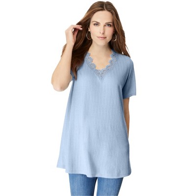 Roaman's Women's Plus Size V Neck Pointelle Tee