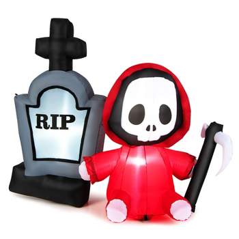 Tangkula 5 FT Tall Halloween Inflatable Decoration Blow Up Grim Reaper Ghost & Tombstone with Bright LED Lights Metal Ground Stakes