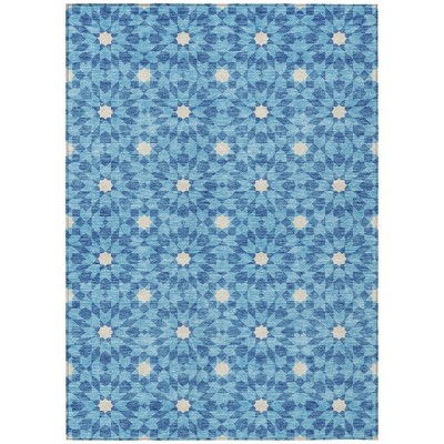 Denim Blue And Ivory Floral Medallion Washable Indoor Outdoor Area Rug