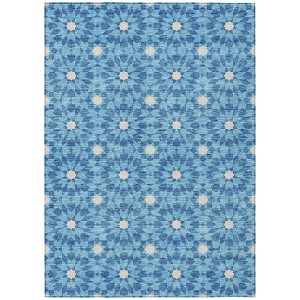 Denim Blue And Ivory Floral Medallion Washable Indoor Outdoor Area Rug - 1 of 4
