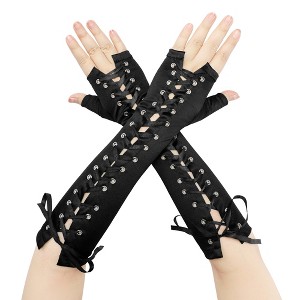 INSPIRE CHIC Women's Satin Lace Up Fingerless Elbow Length Punk Gloves 1 Pair - 1 of 4