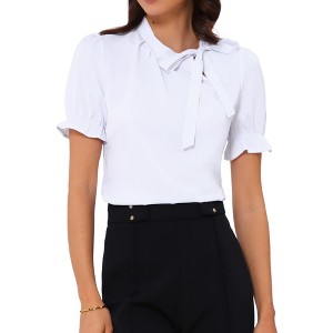 INSPIRE CHIC Women's Bow Tie Neck Solid Color Elastic Cuffs Elegant Office Short Sleeve Blouse - 1 of 4