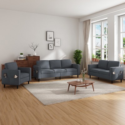 Mjkone 78" Linen Sectional Couches Set , L-Shaped Sofa with Storage Ottoman and Loveset Sofa and Armchair