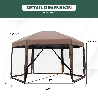 Brown 13x13ft Hexagonal Pop Up Gazebo with Mosquito Netting