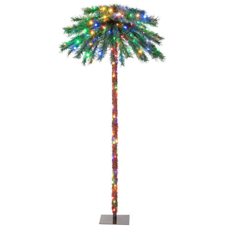 Tangkula 6FT Christmas Palm Tree Pre-lit Tropical Style Palm Tree w/210 4-Color LED Lights 64 Branch Tips & Metal Base, 1 of 11