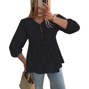 Women's Babydoll Tops 2025 Spring Trendy 3/4 Length Puff Sleeve Bow Tie Front Cute Peplum Blouses Shirts - 1 of 2
