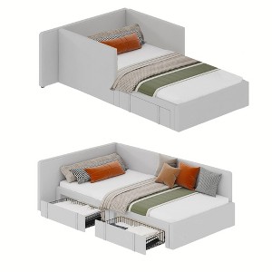Twin Velvet Daybed with Storage Drawers - Upholstered Corner Bed Frame with Headboard & Safety Rails for Kids' Bedroom, Living Room - 1 of 4