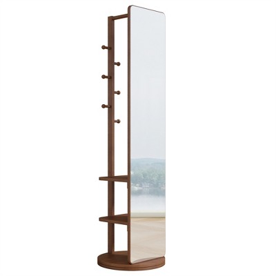 Walnut Freestanding Full Length Mirror with Storage Rack