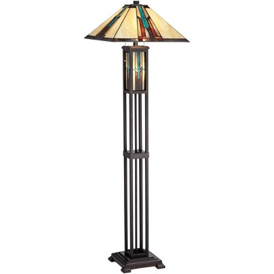 Robert Louis Tiffany Mission Floor Lamp with Nightlight LED Bronze Stained Art Glass Shade for Living Room Reading Bedroom Office