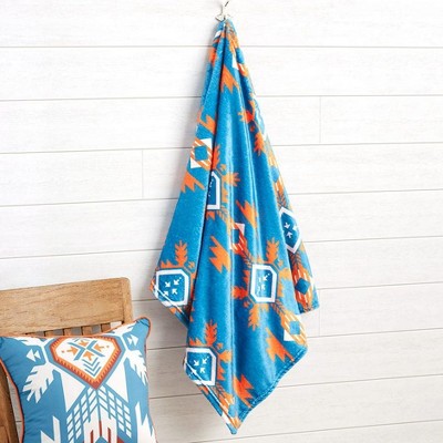 Lake Adventure Blue and Orange Polyester Plush Throw Blanket