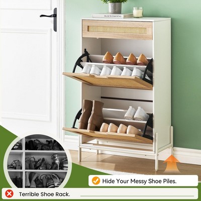 Rattan Slim Shoe Cabinet With 2 Flip Drawers & Adjustable Shelf, Tall Shoe Storage Organizer with Metal Legs,   for Entryway, Entrance, Hallway