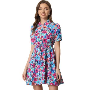 Allegra K Women's Point Collar Floral Button Up Tie Waist Summer Dresses - 1 of 4