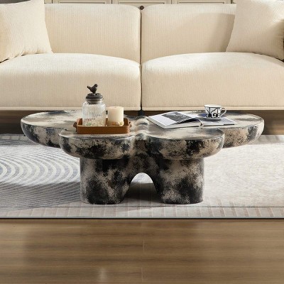 47'' Curved Butterfly Fiberglass Artistic Coffee Table, Modern Sculptural Coffee Table with Limestone Texture for Living Room Office-Coolbibila