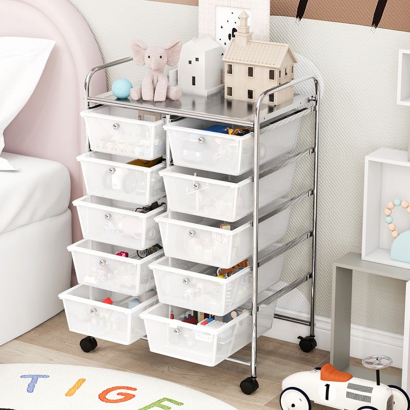 Tangkula 10-Drawer Rolling Storage Cart Tools Scrapbook Paper Organizer on Wheels Clear, 5 of 11